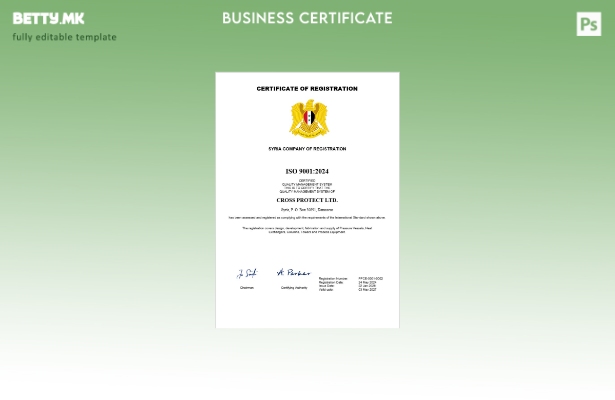 Модерен стил Сириски сертификат за регистрација на бизнис Шаблон за Word и PDF ш